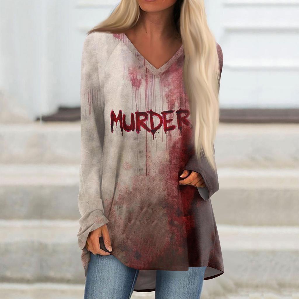 Ladies' Fashionable And Casual Halloween Printed T-shirt Long Sleeved V-neck Mid Length Top