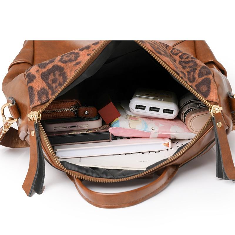 Retro fashion new leopard print backpack women's shoulder bag simple large capacity multi-functional three-purpose backpack