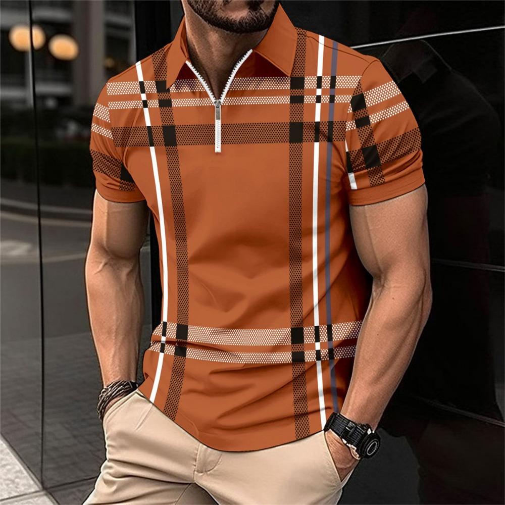 Men's collar and zipper short sleeved polo shirt, striped printed casual business T-shirt, comfortable, summer