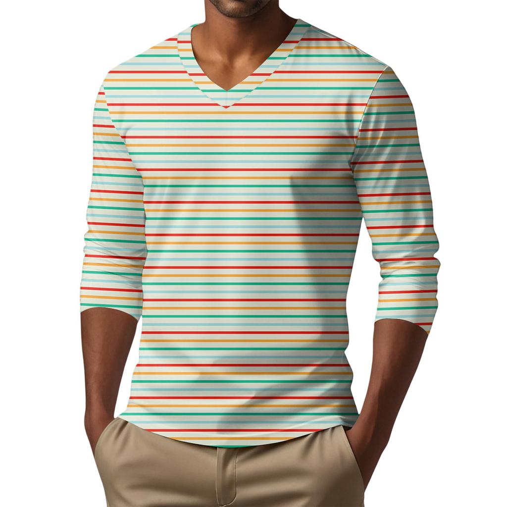 Men's V-neck Casual Fashion Printed Long-sleeved T-shirt Top