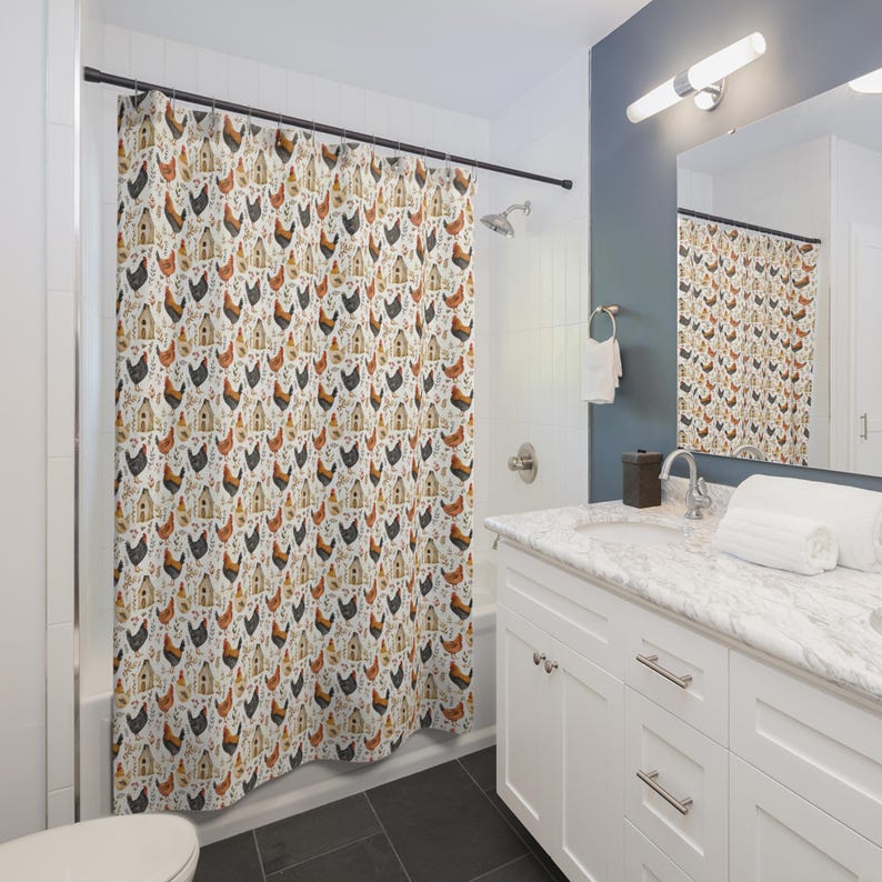 

Vintage Birds Shower Curtain - Scandicore Farmhouse Decor With Chickens, Ideal Housewarming Gift W60H190(CM)-1 Pcs