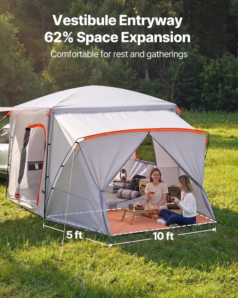 SUV Camping Tent for 5-9 Person, 3.96 x 3.05m 3-Season SUV Tailgate Tent with Ventilated Windows, PU2000mm Waterproof Dual-Use Car Rear Hatch Tents