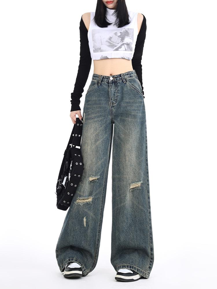 Hong Kong Retro Ripped Wide-Leg Jeans - Women s Spring/Summer Distressed Patchwork Pants M