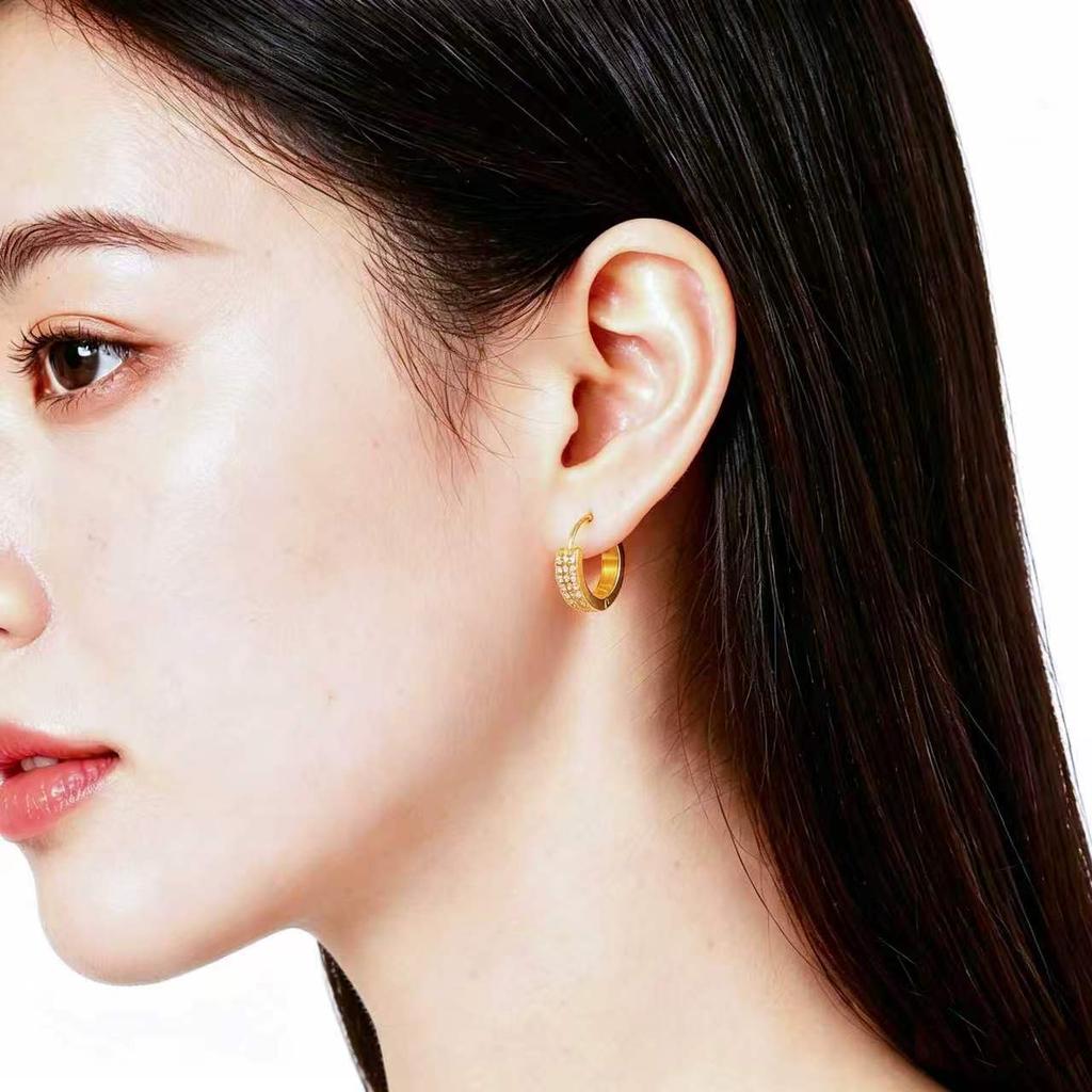 Titanium Steel Gold Double C Full Diamond Zircon Earrings Women's Stainless Steel Earrings Geometric Earrings Light Luxury Premium Earrings
