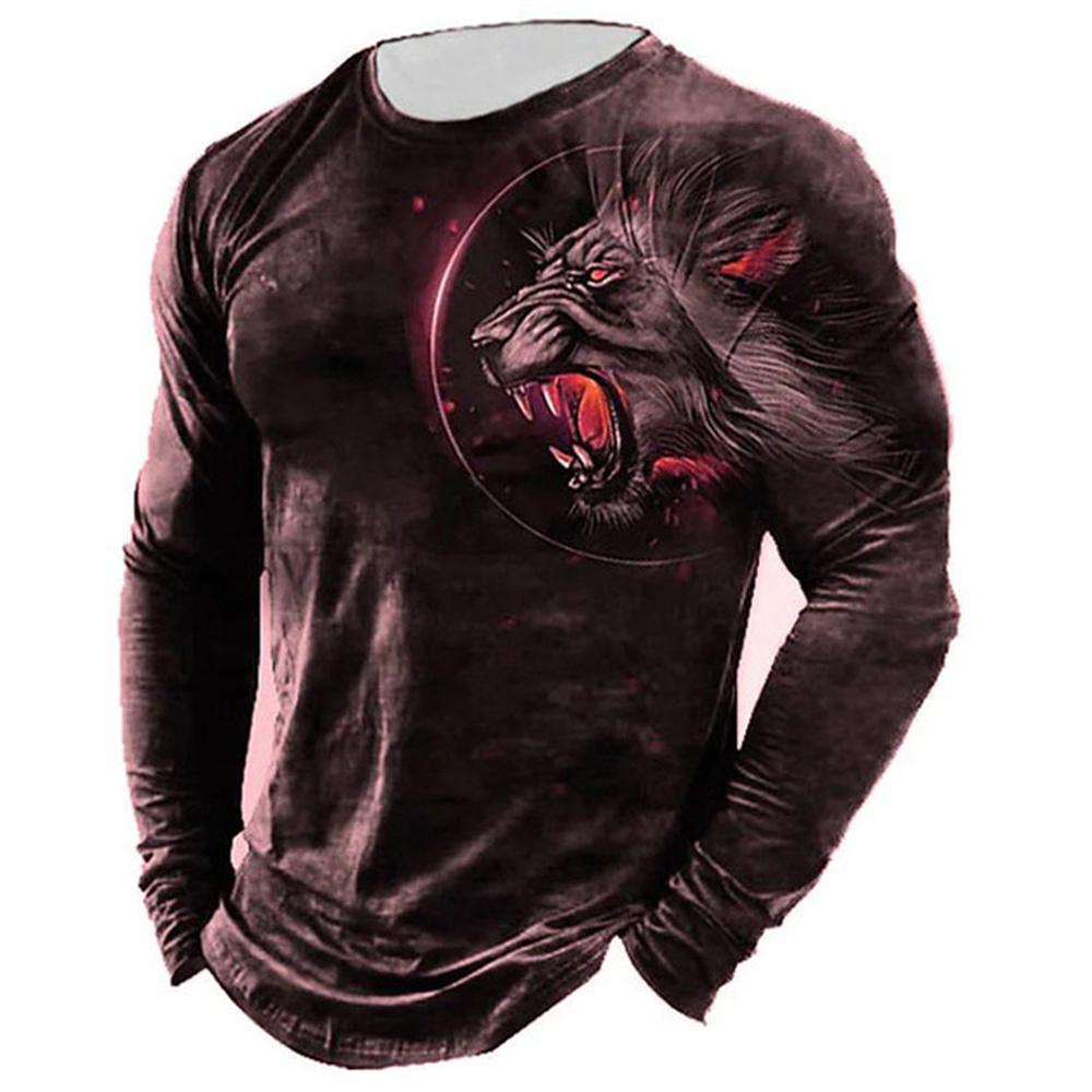 Retro T -shirt erkek uzun kollu 3D aslan baskı 2022 Erkek büyük boy giysiler o Yaka gündelik T -shirt erkek T -shirt sokak kumaşı