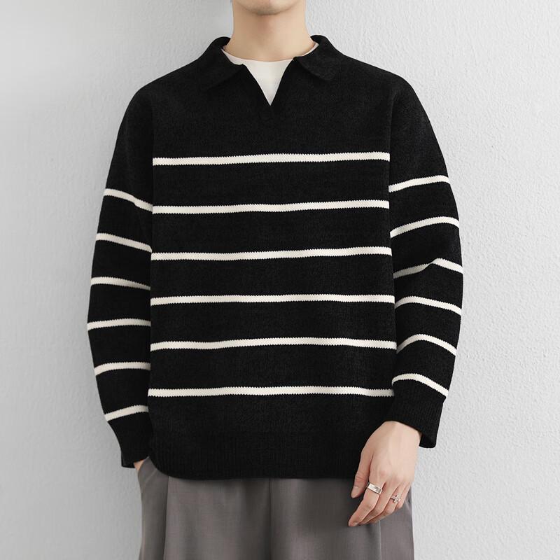 Men's Premium Horizontal Stripe Turn-Down Collar Sweater