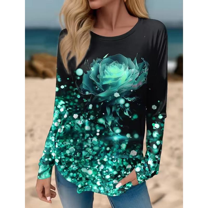 

Женская футболка с графическим принтом розы, длинным рукавом, повседневный свитшот, модная для выходных, с круглым вырезом, стандартной посадки, с рисунком, весна и осень 6XL