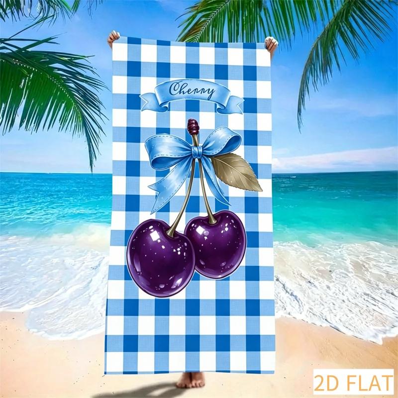 Sweet Cherry Plaid Beach Towel - Super Absorbent Quick Dry Microfiber With Pink Gingham Print Soft Sand-Free Blanket For Picnic