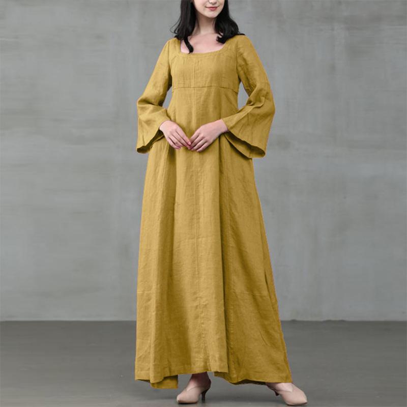 Women Autumn Retro Square Neck Maxi Dress, Long Flare Sleeve Loose Fit National Style Big Swing Hem Casual Long Dress