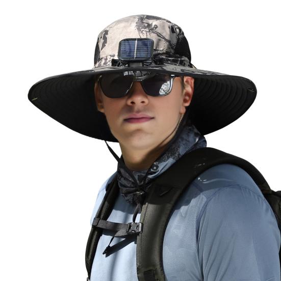 Men Fisherman Hat with Solar Fan Large Brim Windproof Strap USB Charging