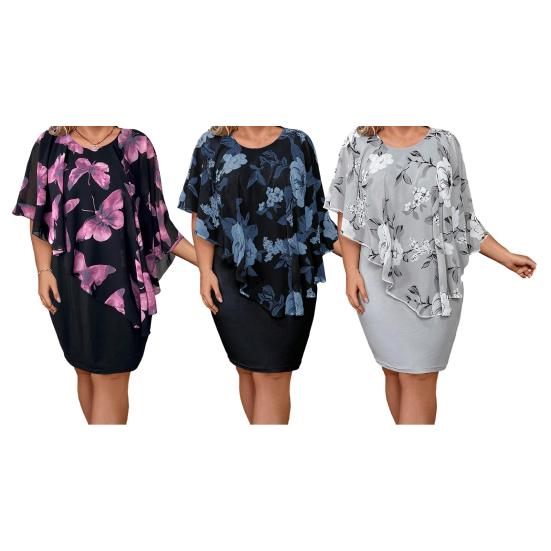 Plus Size Bodycon Dress for Women Summer Mother of The Bride Dress with Floral Chiffon Overlay Cape Formal Evening Party Cocktail Dress