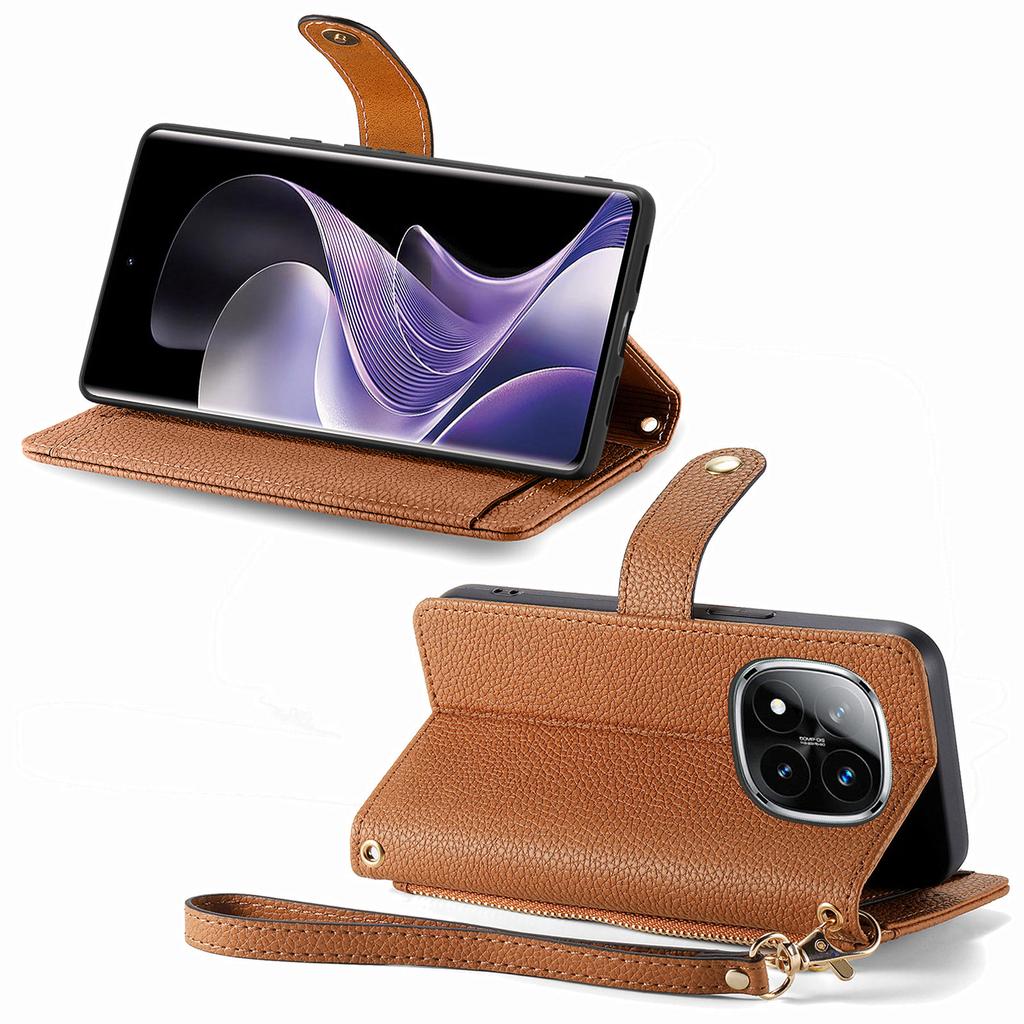 For Xiaomi Redmi Note 14 Pro 5G/Poco X7 5G Case RFID Blocking Zipper Pocket Leather Wallet Phone Cover with Strap