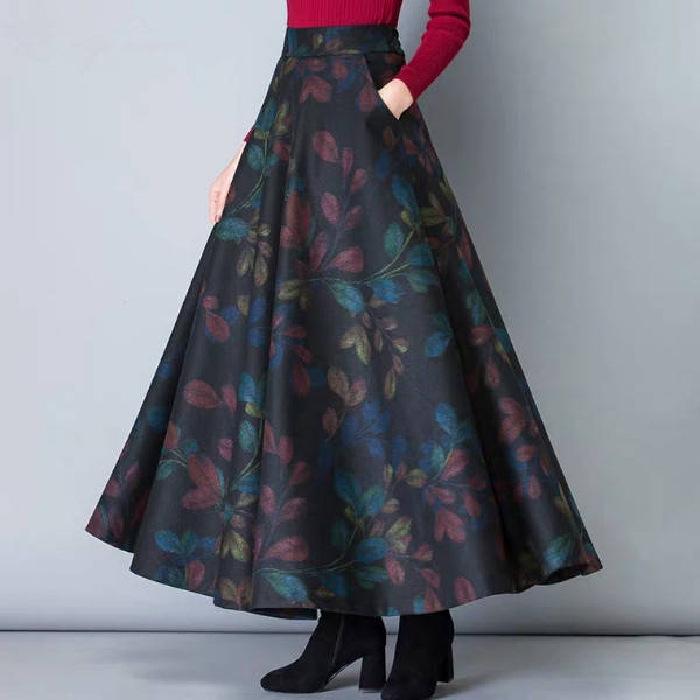 Jupe trapèze en laine à carreaux pour femme - Mi-longue, grandes tailles pour l'automne et l'hiver