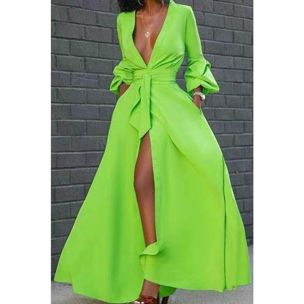 Women's V Neck Long Sleeve Maxi Dress Fitted Mid Waist Solid High Slit Ruffle Cuff Elegant Evening Shirt Dress