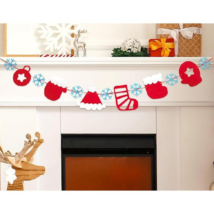 Merry Christmas Banner Red Green Wool Felt Garland Christmas Decorations Indoor Happy Holiday Decorations Cute Hanging Decor for Mantel Fireplace