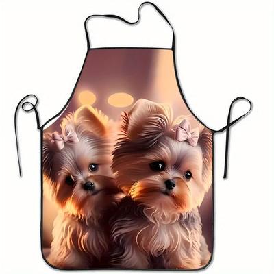A Cute Apron Featuring a Double Yorkshire Terrier Print - Designed with Adorable Yorkshire Puppies And Bows, Warm And Healing - Suitable for Cooking, 