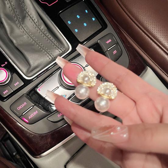 White Faux Pearl Stud Earrings with Semicircle Zirconia Crystal Top Lightweight Silver Needle Bridal Earrings for Brides Bridesmaids Wedding Party