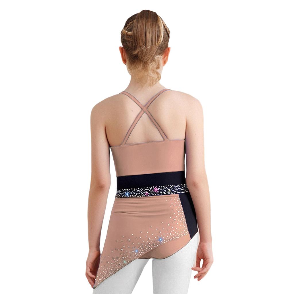 Rochie Patinaj Artistic Fete Spate Încrucișat Bretele Spaghetti Strasuri Design Încrețit Rochie Asimetrică din Plasă