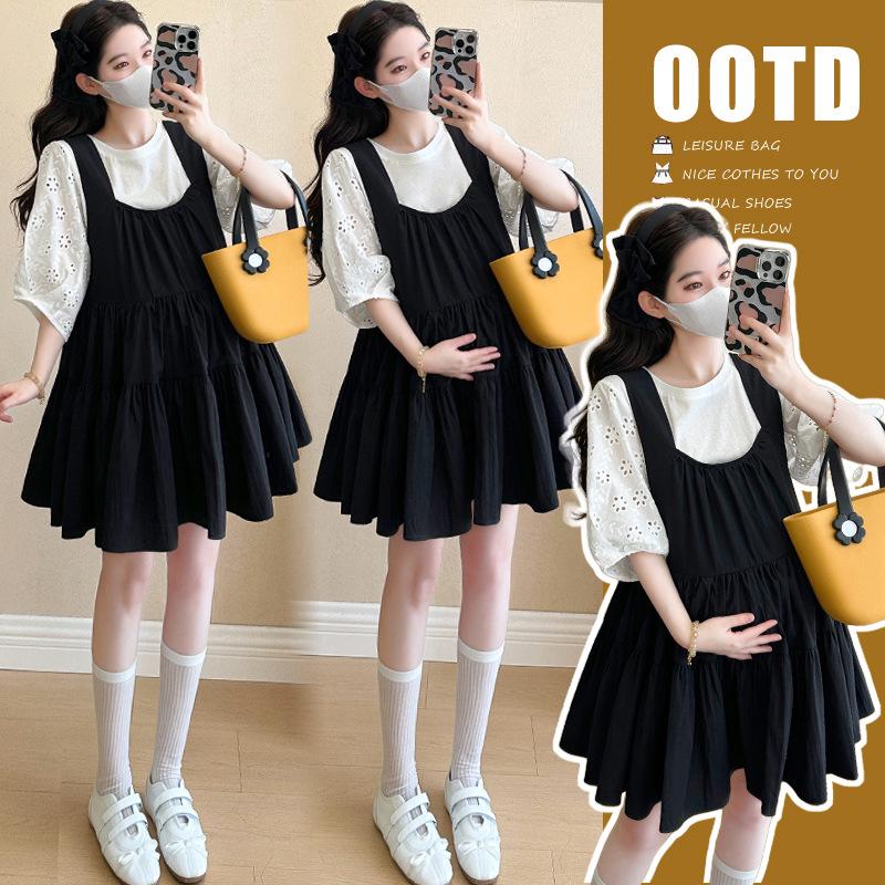 2026 Summer Short Sleeve Hollow Out T-shirt & Reversible U-Neck Doll Dress Maternity Set M