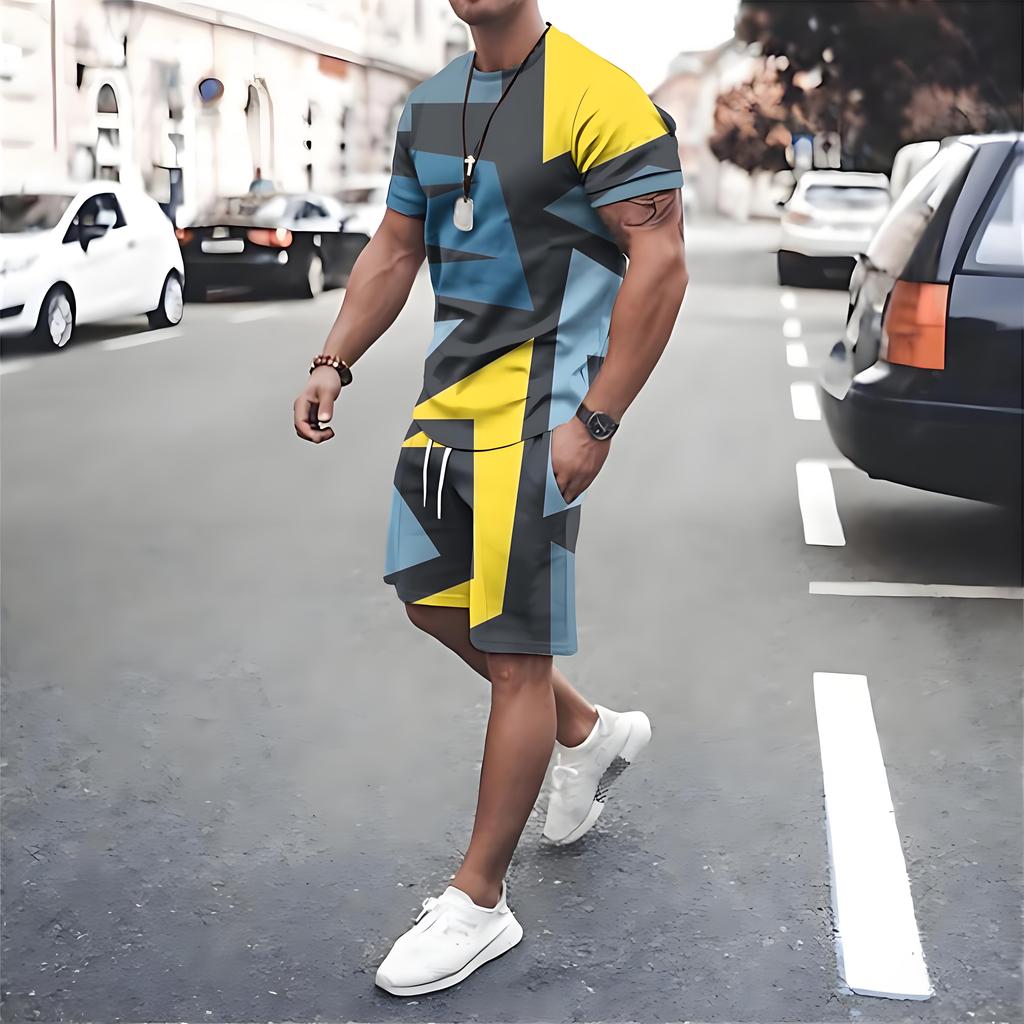 Irregular Graphic Print Short Sleeve Top Drawstring Shorts 2-piece Set 2026 Plus Size Loose Men's T-shirt Clothing Pocket Shorts