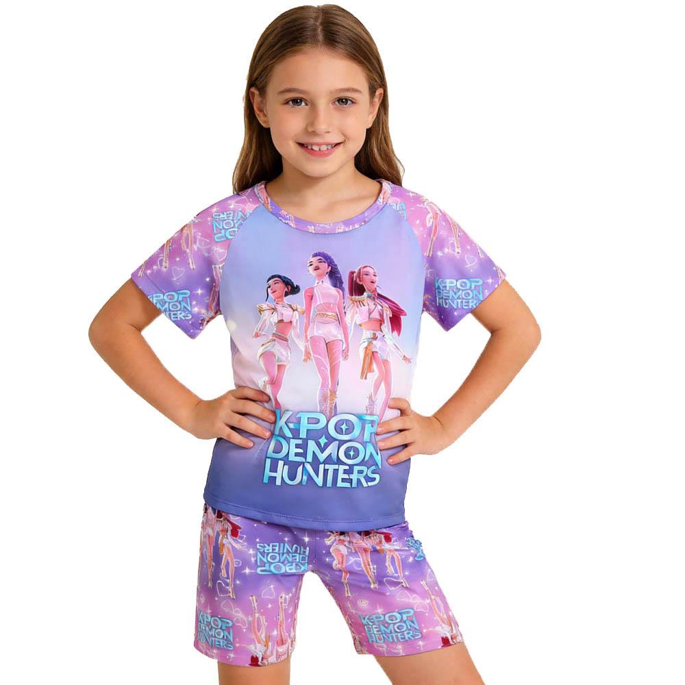 Fashion Fun Cartoon Devil Hunter Print Kids T-shirt and Shorts 2 Piece Set Summer Casual Outdoor Boy's and Girl's Outfit Set