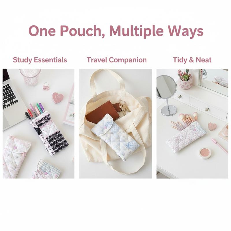 1Pcs Fashion Floral Bow Snap Pen Bag Student Stationery Girl Portable Glasses Storage Bag Large Capacity Travel Makeup Bag Gifts