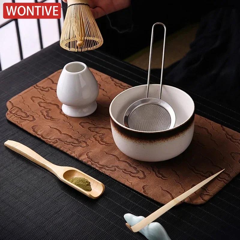 Zestaw 6 szczotek do herbaty, bambusowa trzepaczka do matchy, łyżka i uchwyt, miska matcha z sitkiem, japoński dodatek do ceremonii matcha