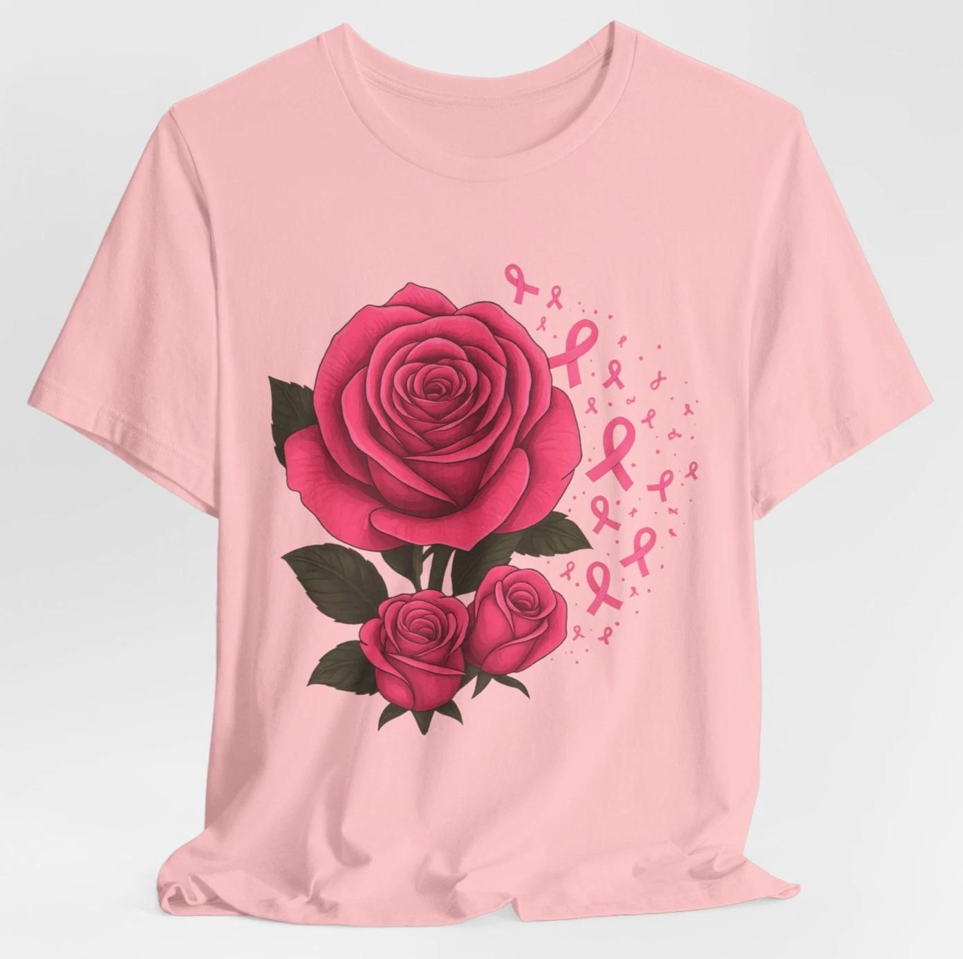 Pink Rose Breast Cancer Awareness T-Shirt Floral Ribbon October Support Gift L