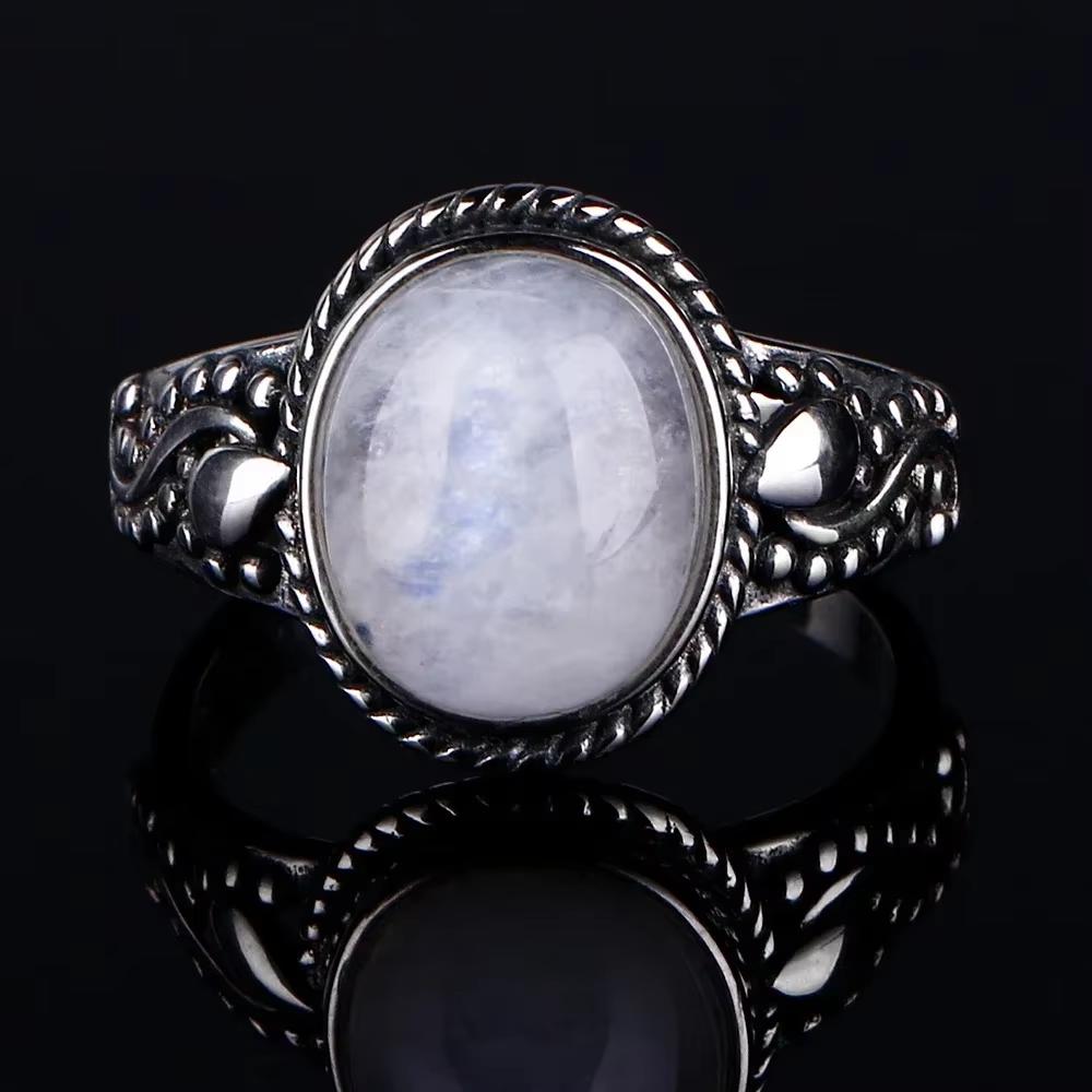 Vintage 925 Sterling Silver Natural Moonstone Rings Bohemia Oval Shape Retro Ring Gifts Fine Jewelry for Women Men