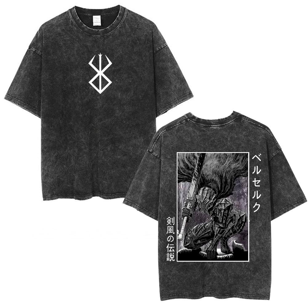 Japanese Anime Berserk Guts Vintage Washed T Shirt Griffith Swordsman Gatsu Sacrifice Zodd T-shirts Unisex Cotton Casual T-Shirt