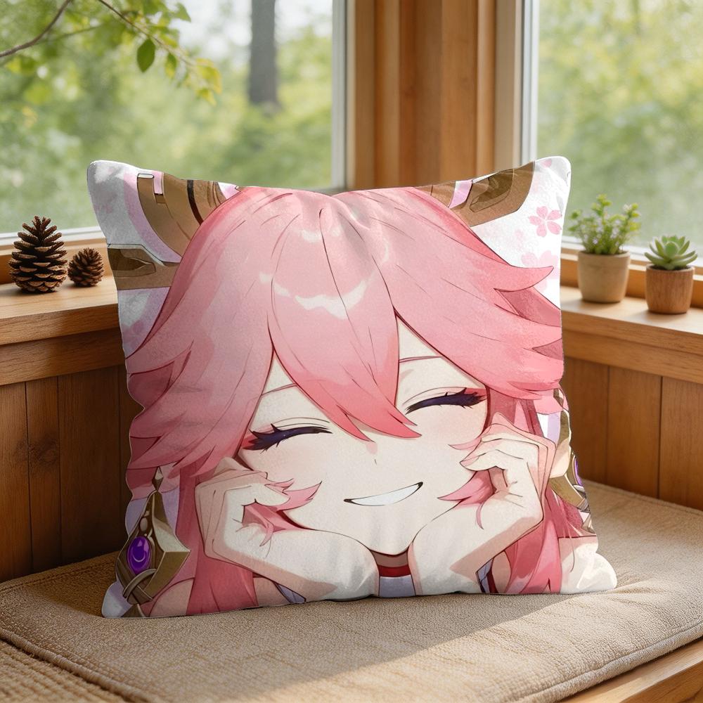 Yae Miko Genshin Impact Cushion Cover Square Short Plush Pillow Case Living Room Sofa Home Decor Funda X