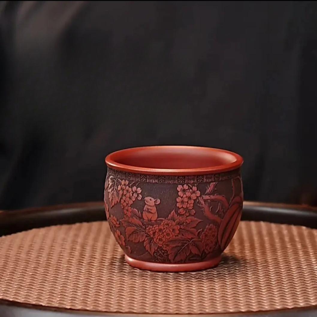 

180ml Yixing Purple Clay Cup With Carved Mouse Teacup Zen Tea Bowl Set Of Cups Tea-tasting Personal Cup Chazhan Master Cups Gift