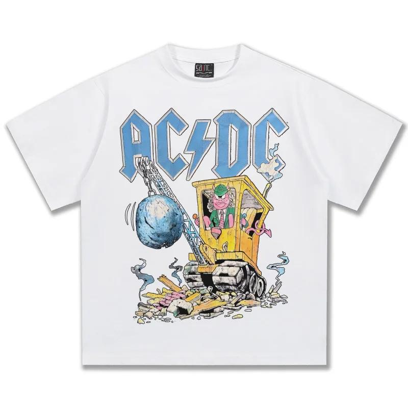 2025 Men's 100% Pure Cotton Rock Band Retro Print Short-sleeved T-shirt, Fashionable Loose High-quality Top