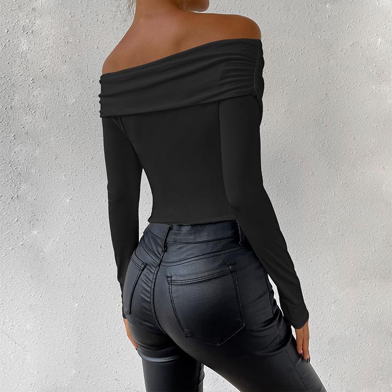 Damska seksowna bluzka z głębokim dekoltem w serek, długimi rękawami, plisami i odkrytymi ramionami