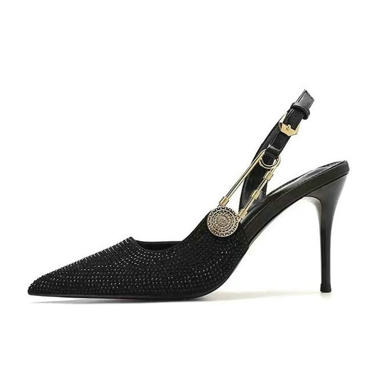 Fashion 2025 Pointed-Toe Diamond High Heels For Women, Black Tight French Sexy Luxury Hollow Sandals