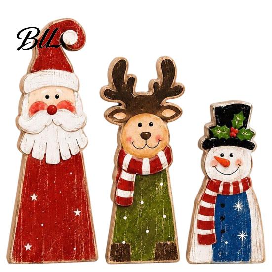 Winter Holiday Party Supplies Wooden Christmas Tiered Tray Decor, Santa Reindeer Snowman Figurines Small Tabletop Decor for Decorations And