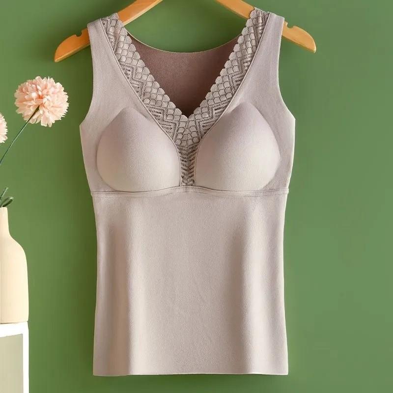 Womens Fleece Lined Thermal Vest Built In Bra Warm Underwear