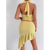 Outfitgirl Bright Yellow Halterneck Vest Asymmetrical Skirt Suit Women's Fashion Style Sexy Street Shot Wear