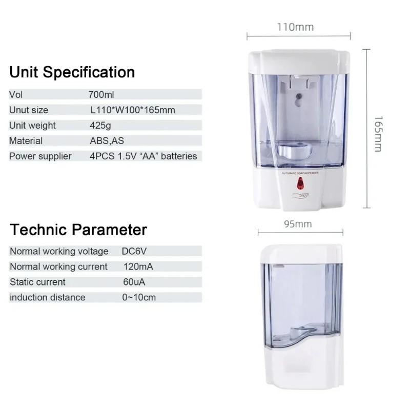 Automatic Touchless Soap Dispenser 700ml, Wall-Mounted Large Capacity Battery-Operated Sensor Hand Washer for Bathroom Kitchen