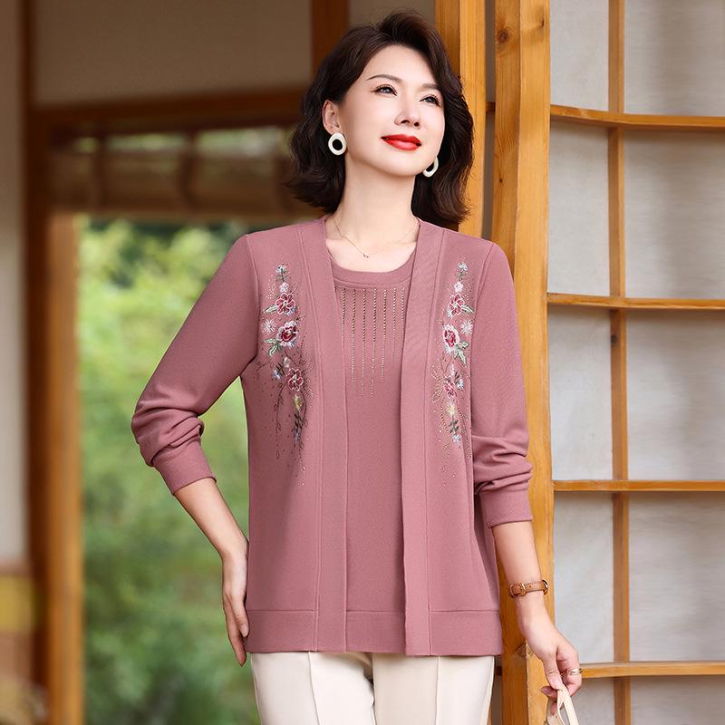 

Мамин модный вязаный свитер: Пуловер с длинным рукавом для женщин среднего возраста, дизайн «два в одном» для весны и осени. 4XL (135-145 catties) розовый