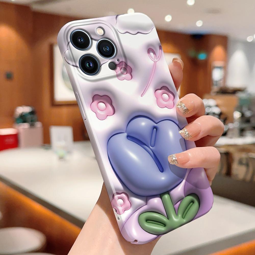 For iPhone 16 15 14 Samsung S23 A23 A52 A33 A73 A53 Huawei Xiaomi Redmi OPPO Vivo Stereoscopic Style Tulips Design Full Camera Protect Hard Phone Case
