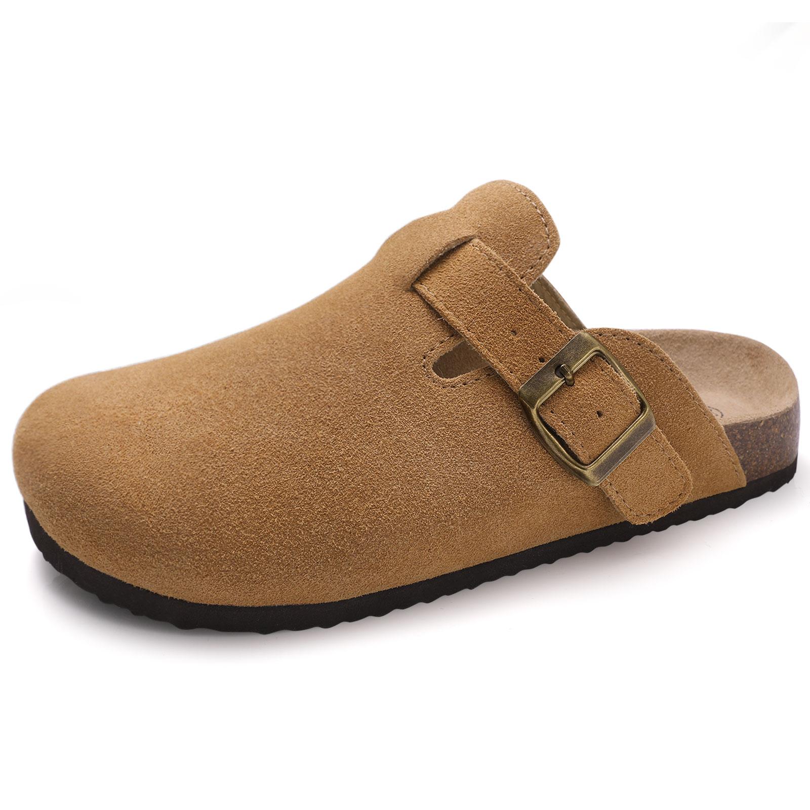 Fashion Crestar Damen Wildleder Clogs mit verstellbarem Riemen Mode Korkfußbett Echtes Leder Pantoletten Neu Komfort Slipper Kartoffelschuhe 36
