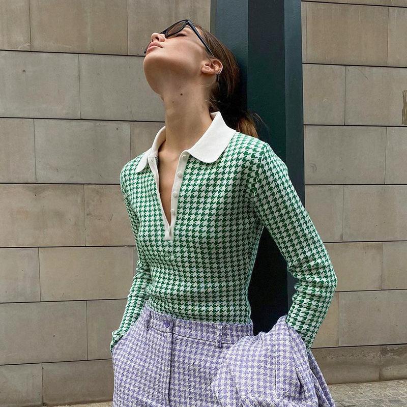 Polo Revers Frühen Herbst Französisch Bluse frauen Selbst-kultivierung Einteiliges Plaid Pullover Pullover Frauen