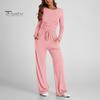 Long Sleeve Top Women Pants Set for Spring Fall, Slim Fit Crewneck Sweatshirt, Two Piece Sets Elastic Waist Loose Wide Leg Pants, Solid Color