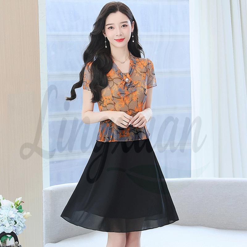 Elegant Summer Short-Sleeved Dress for Middle-Aged Women - Perfect for Mother s Day 2XL оранжевый