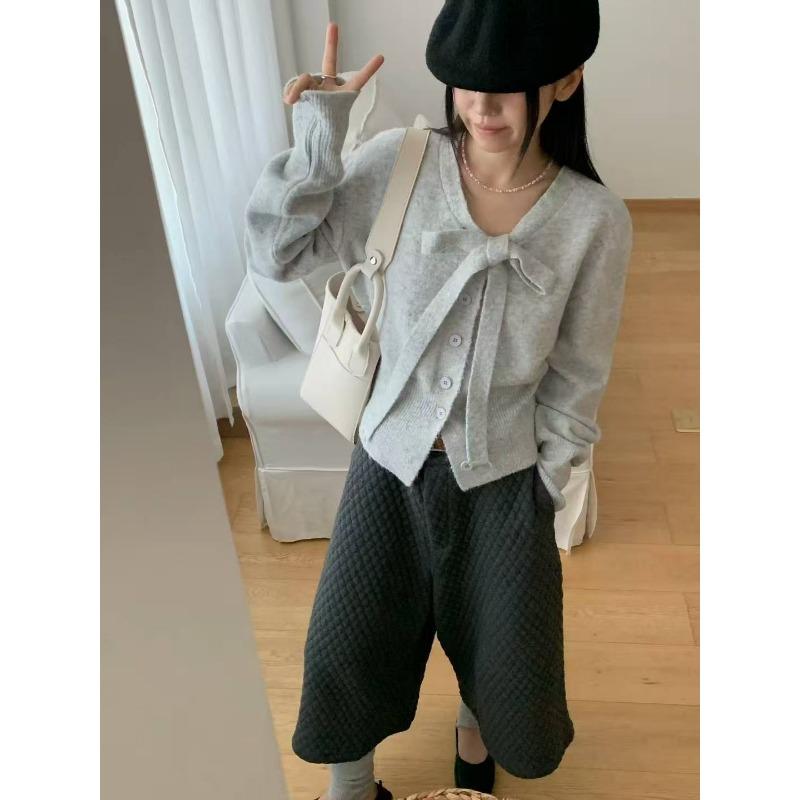 Simple Temperament Bow-tie Long-sleeved Knitted Cardigan Women's Casual Versatile Long-sleeved Jacket