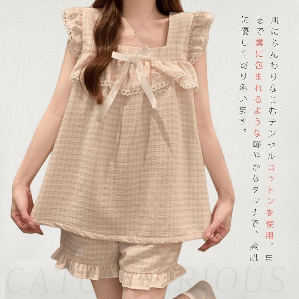 Catorfarious Sleeveless Top and Bottom Set with Sleeveless Loungewear with Square and Set for Spring and Summer Women's Pajamas, Thin, Cups, Shorts,