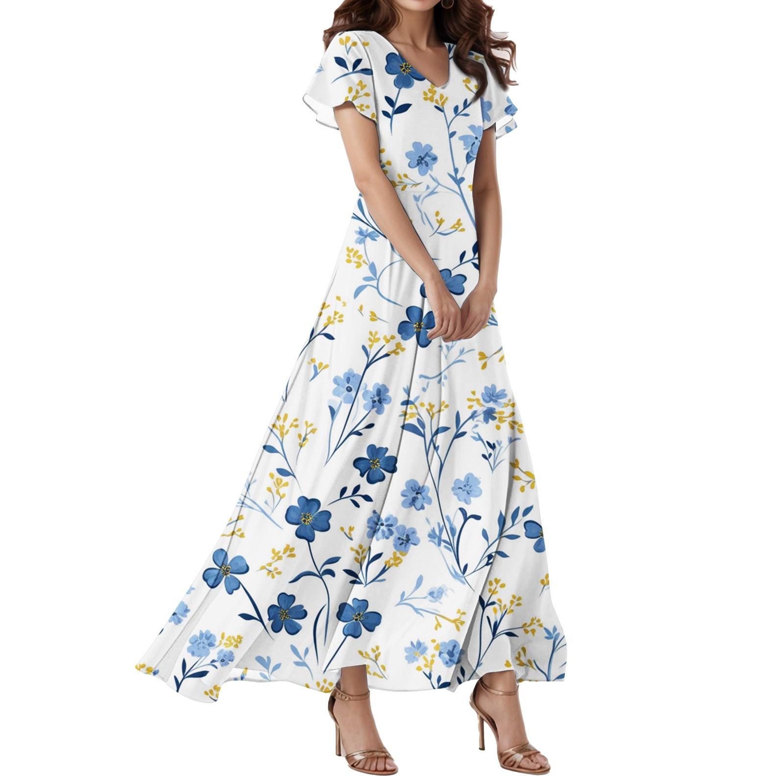 

Женское свободное повседневное платье с V-образным вырезом, короткими рукавами, высокой талией и цветочным принтом Платье с цветочным принтом XS белый