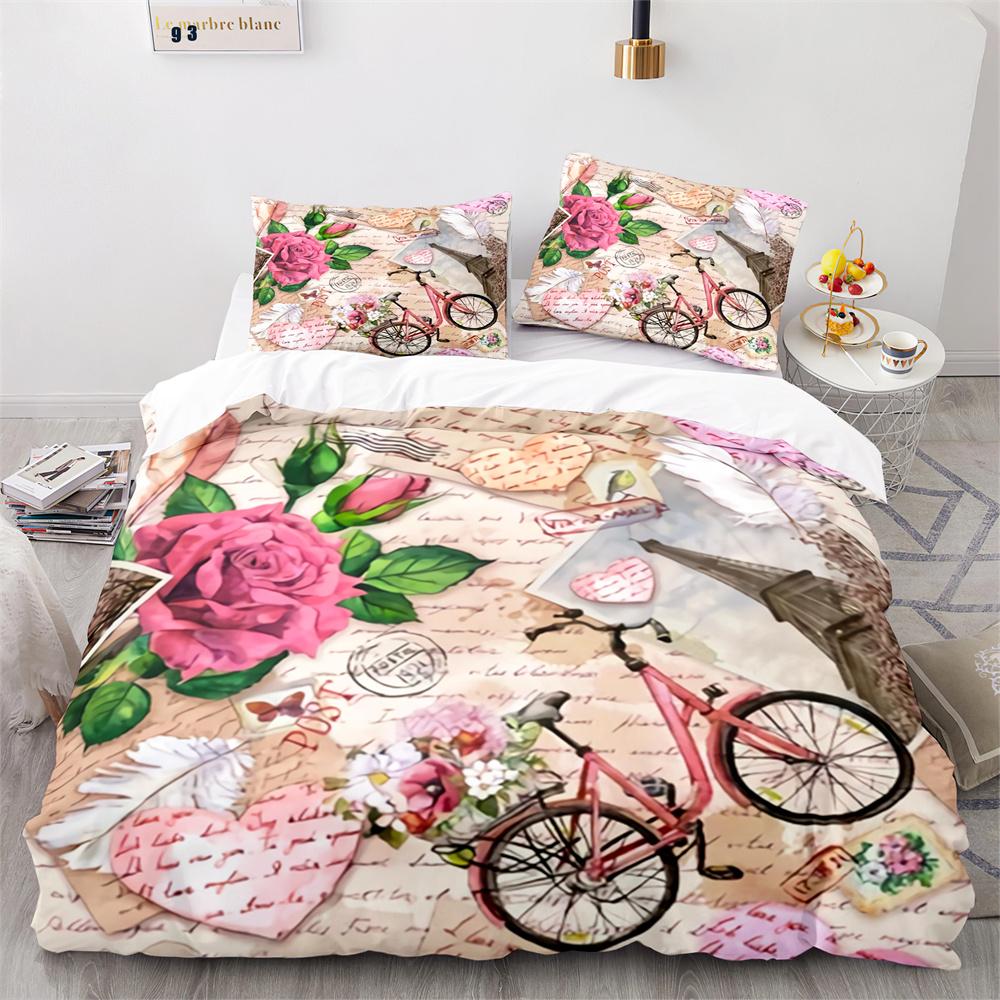 Paris Eiffel Tower Themed Couple Duvet Cover Set Cityscape Comforter Cover Romantic Polyester Bedspread Cover Pink Floral King