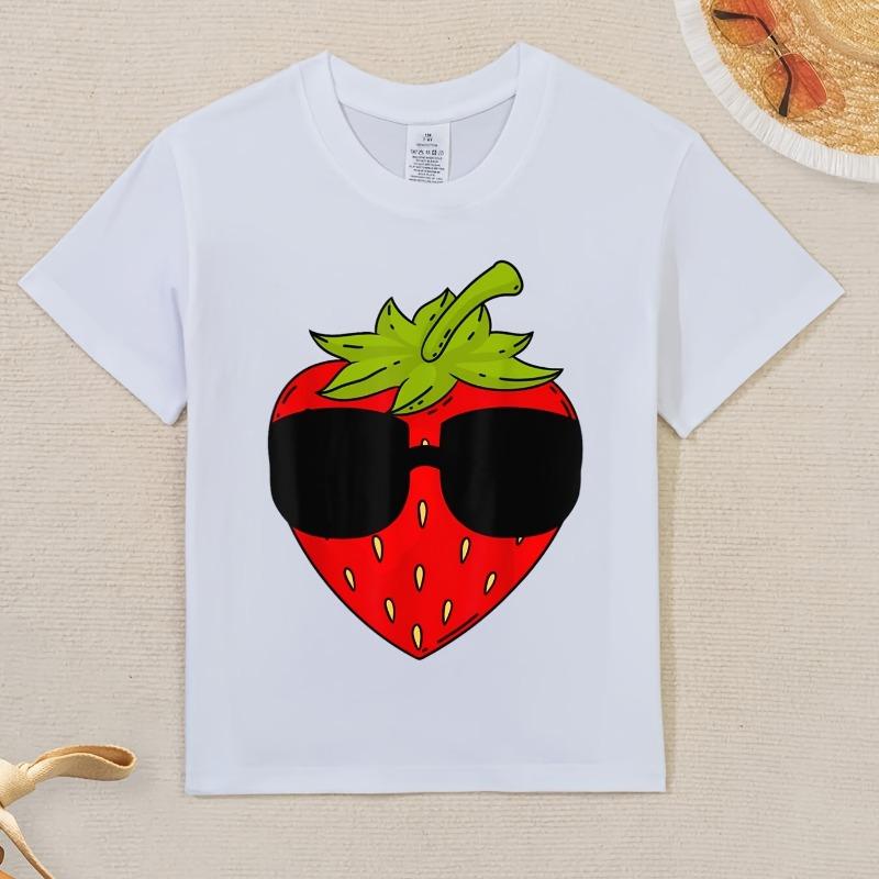 Children Crew Neck Short Sleeve T-Shirt with Artistic Strawberry Print